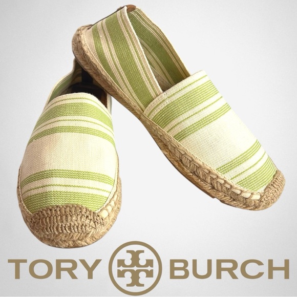 TORY BURCH Awning Striped Ivory/Green Canvas Jute Espadrilles Size 7.5 - Picture 1 of 10
